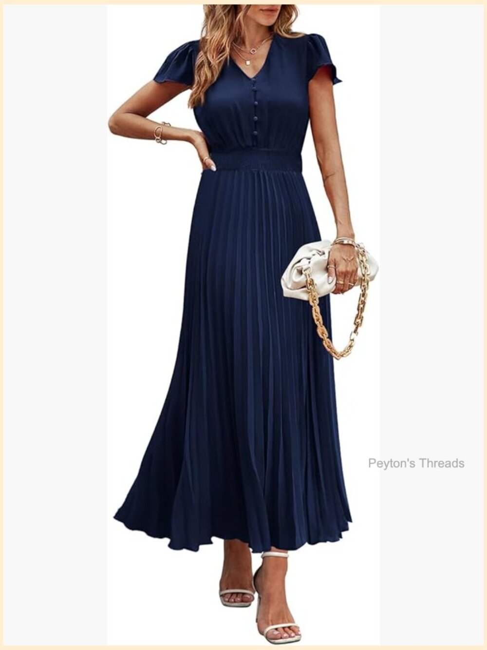 Maxi Dress with V Neck Cap Sleeve Pleated Design Button Details Casual